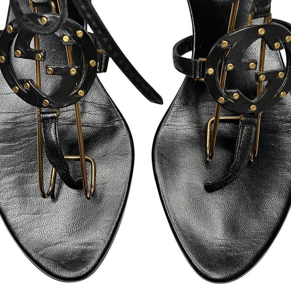 Gucci Interlocking G Black Leather Strappy Ankle Wrap Logo Thong Sandals Size 8B - Picture 3 of 11